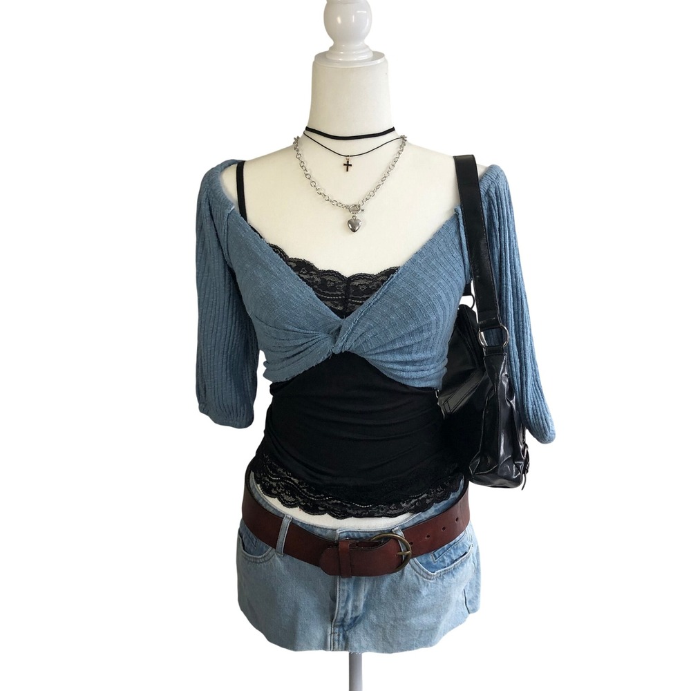 Urban Outfitters Slate Blue Ribbed Twist Front Cropped Top Womens S Y2K Shrug